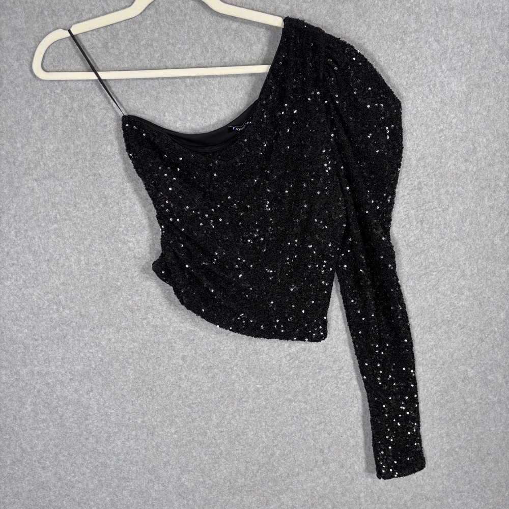 Express One Shoulder Sequin Crop Top Small Black Puff Sleeve Asymmetric Ruched